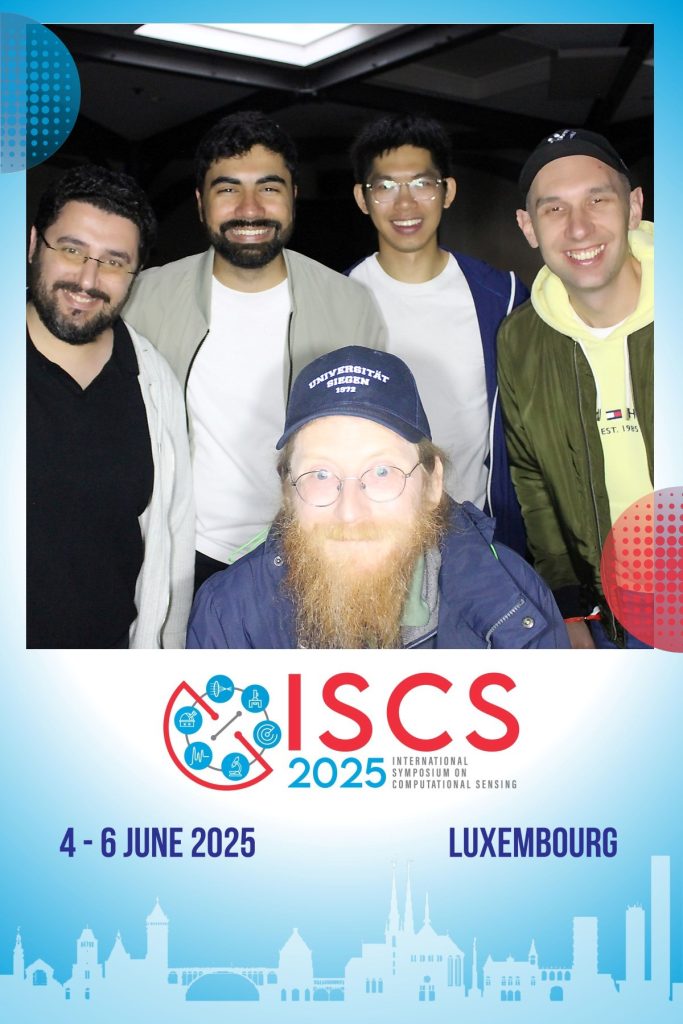Siegen group at International Symposium on Computational Sensing (ISCS), from left to right: Dr John Meshreki, Syed Muhammad Kazim, Erqi Huang and Dr Andrii Nehrych. Prof Ivo Ihrke in front.